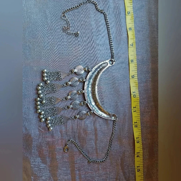 A Silver Boho Fringe Coin Charm Pendant Bib Choker Necklace - Picture 4 of 7